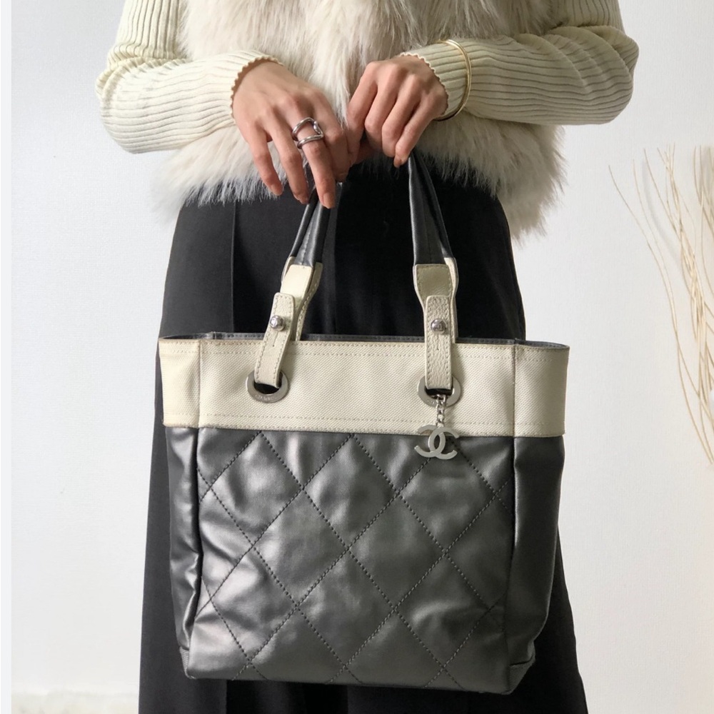 SPECIAL $$$ Vintage CHANEL Logo Charm Quilted Fabric
Leather Totebag